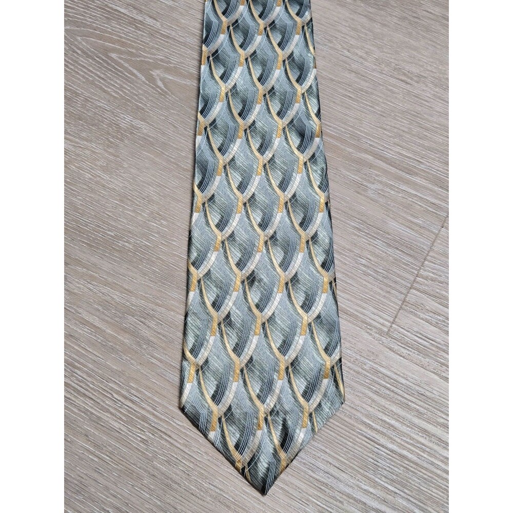 Stafford 100% Silk Men’s Necktie Green Gold Geometric Pattern
